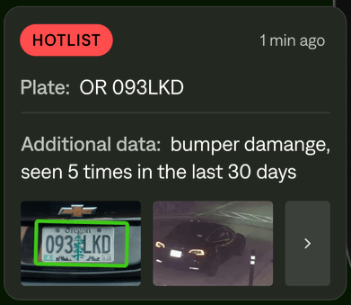 Flock hotlist alert: license plate and car images with description